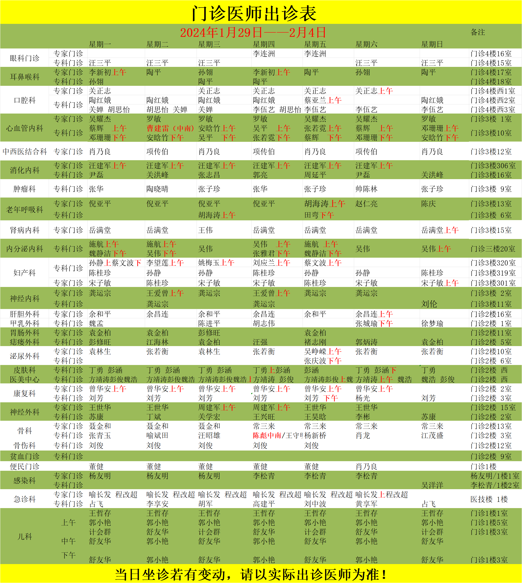 门诊医师出诊表（1.29——2.4）