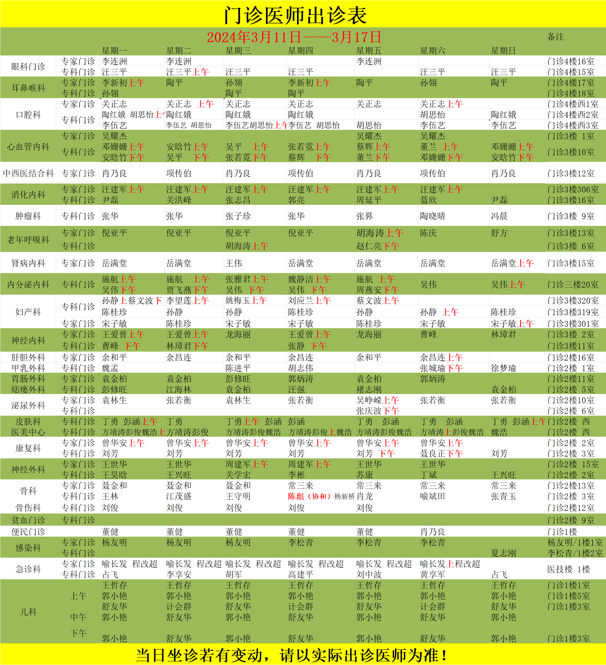 门诊医师出诊表（3.11——3.17）